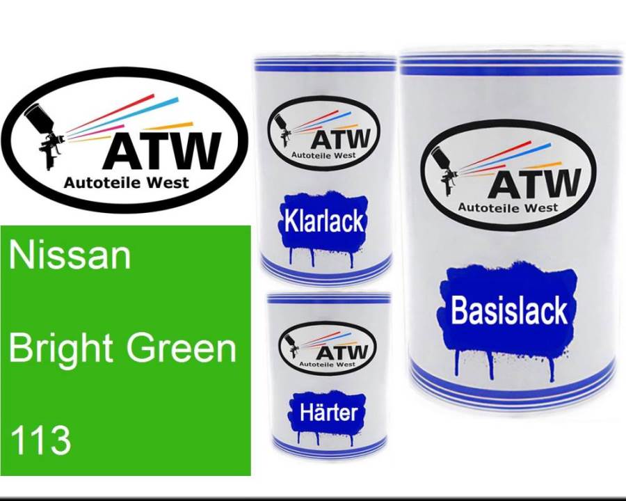 Nissan, Bright Green, 113: 500ml Lackdose + 500ml Klarlack + 250ml Härter - Set, von ATW Autoteile West.